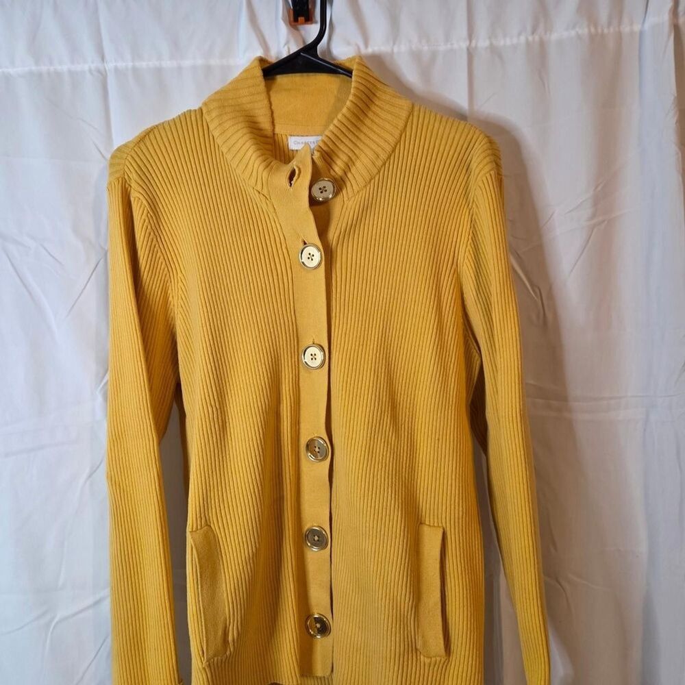 Charter Club Ribbed Cardigan Sweater XL Yellow Button Front Cotton Blend Knit - Picture 2 of 9